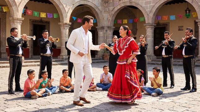 An elegant couple dancing traditional Mexican folk dance in a historic hacienda courtyard while a live mariachi band plays music and children watch.
