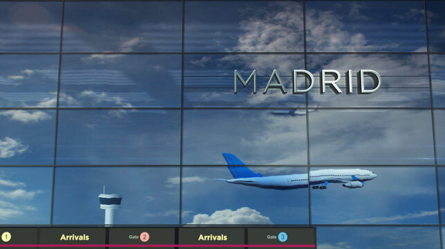 Airplane landing airport terminal arrival in Madrid Spain