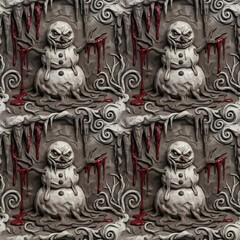 Obraz premium 3D clay gothic christmas seamless pattern with evil melting snowmen, dripping red blood, icicles, and twisted branches on gray stone wall texture