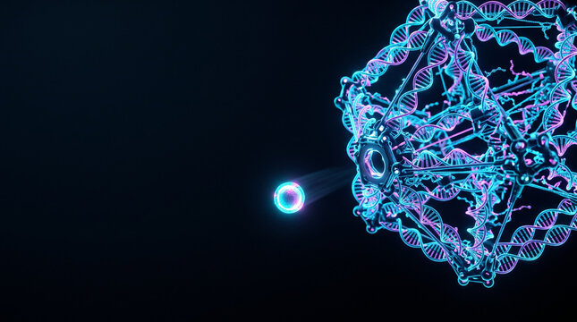 Fondo de presentaci&oacute;n de biolog&iacute;a sint&eacute;tica de alta resoluci&oacute;n, visualizaci&oacute;n 3D de nanobot de ADN liberando carga &uacute;til de f&aacute;rmaco