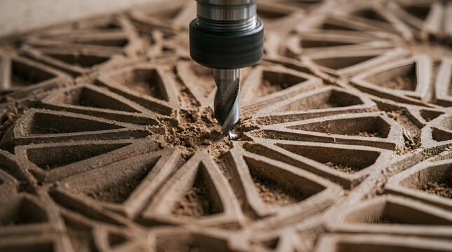 Cnc router milling machine carving intricate geometric wood pattern