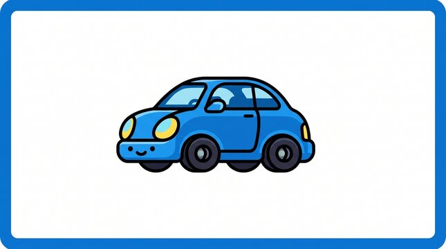 Simple and adorable cartoon illustration of a small blue compact hatchback car with yellow headlights and a subtle smiley face design, framed inside a rounded blue border.