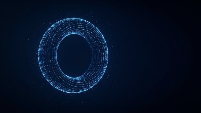 Glowing blue digital torus formed by particle data points