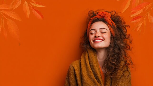 Joyful young woman with curly hair wearing orange headband and cozy sweater posing against vibrant autumn themed studio backdrop background