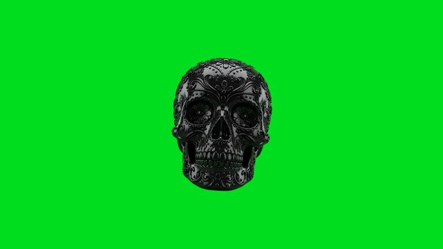 Intricate black ornamental skull centered against a vibrant green background