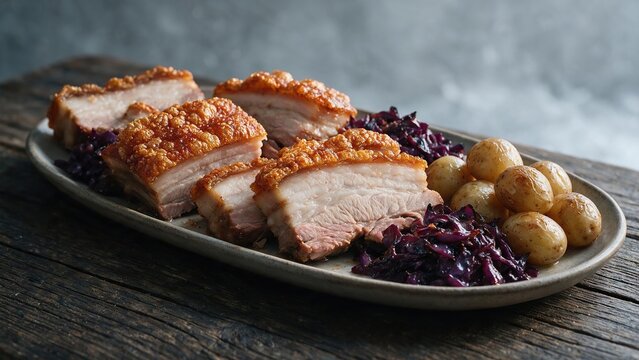 Traditional Norwegian Christmas ribbe pork belly with red cabbage