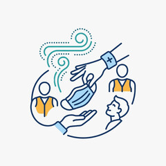 Vector illustration depicting hand passing a protective face mask to another person, featuring air quality swirls and workers in safety vests for public health and workplace hygiene.