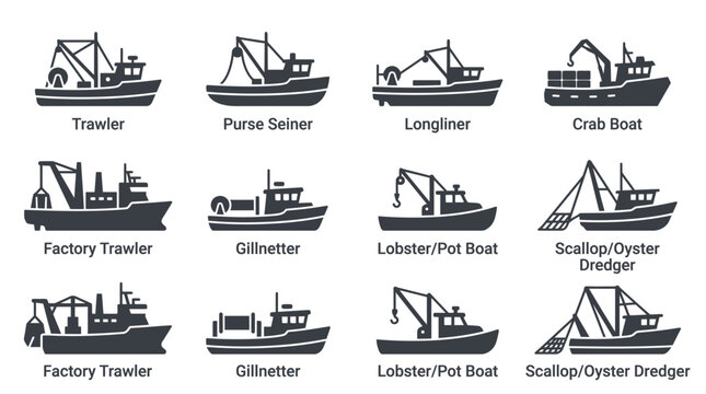Set of various commercial fishing vessel icons showing different types of trawlers and boats.