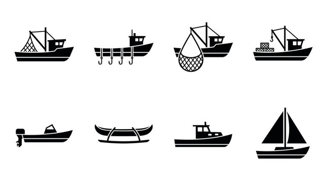 Set of black and white icons representing various types of fishing and sailing boats.