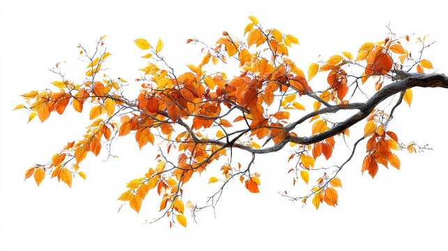 Vibrant autumn beech tree branch displaying glowing golden and orange foliage isolated on a clean white background for seasonal decor