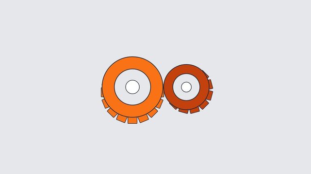 Two interlocking orange gears rotating on a gray background