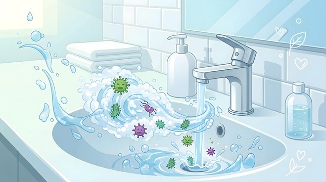 Global Handwashing Day illustration showing soap bubbles and water washing away germs in a sink