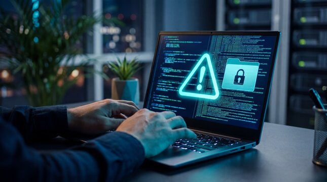 Person working on a laptop with a digital security warning and lock icon on the screen in a dark office
