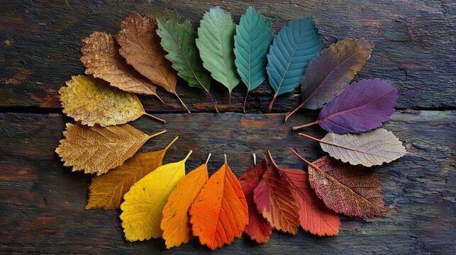 Vibrant autumn leaves arranged in a circular spectrum pattern on dark rustic weathered wooden boards for seasonal nature design projects