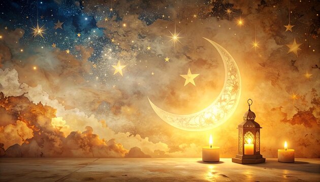 Magical Ramadan night with crescent moon, stars, lanterns and candles for festive celebration