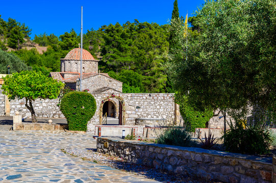 Historic Moni Thari Monastery Surrounded by Nature on Rhodes Island, Greece
