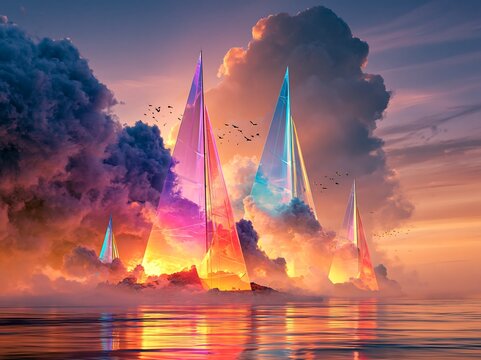 Fantasy landscape of glowing crystal pyramids rising from a misty sea under a dramatic sunset sky with giant cumulus clouds