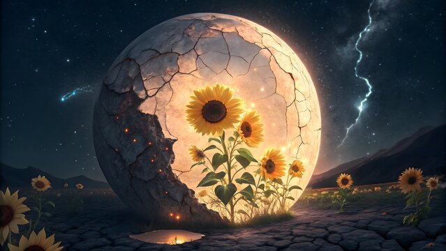 Surreal cracked moon landscape glowing with bright yellow sunflowers blooming inside under starry night sky, universe