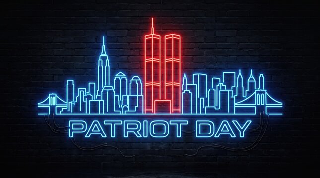 Patriot Day neon sign featuring the New York City skyline and iconic twin towers memorial design glowing on a dark brick wall background for September remembrance