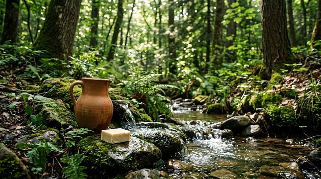 Natural Hygiene Concept with Soap and Clay Pitcher by a Forest Stream for Global Handwashing Day