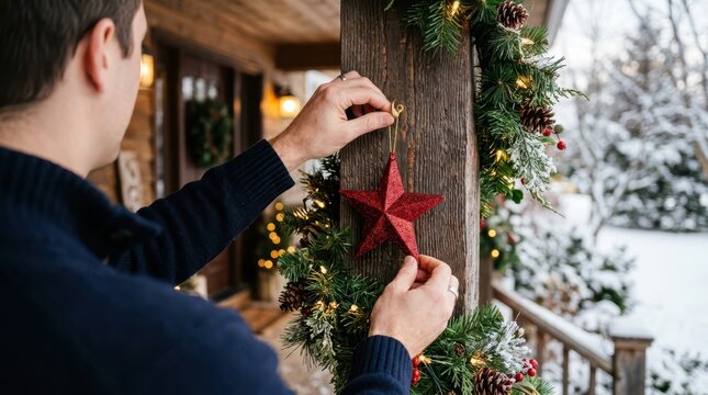 Person mounting a red Christmas star ornament on an evergreen porch garland, decorating a snowy home entrance.