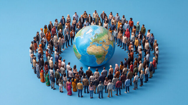 A diverse multicultural crowd of miniature people standing in a perfect circular formation around a realistic globe viewed from above, clean blue background, global unity and population concept, balan