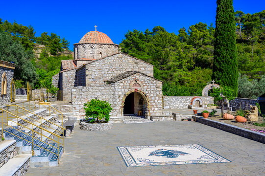 Historic Moni Thari Monastery Surrounded by Nature on Rhodes Island, Greece