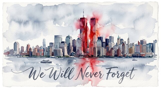 Watercolor illustration of New York City skyline with twin towers reflecting on water to commemorate Patriot Day and honor the lost souls