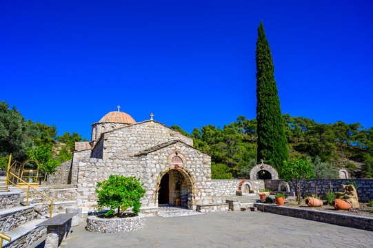 Historic Moni Thari Monastery Surrounded by Nature on Rhodes Island, Greece