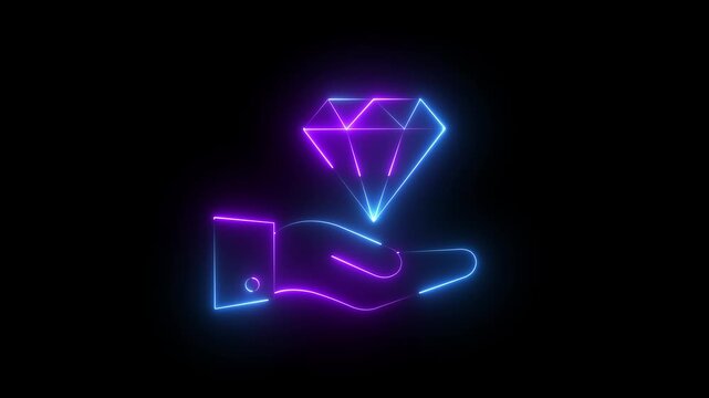 Neon hand holding diamond animation, glowing luxury symbol for business and finance