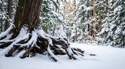 Fototapeta premium Snow covered cedar tree roots in a quiet winter forest, natural wallpaper with strong trunk texture, white drifts, and peaceful woodland depth.