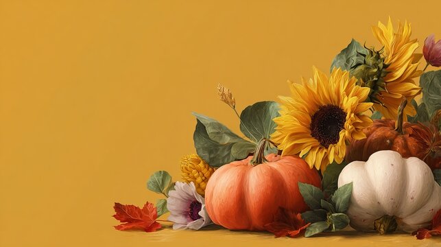 Vibrant autumn pumpkins and golden sunflowers arranged artistically against a warm mustard yellow background creating a cozy harvest holiday scene