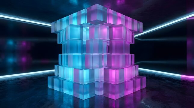 Glowing glass cube structure illuminated by neon blue and pink lights in dark futuristic environment.