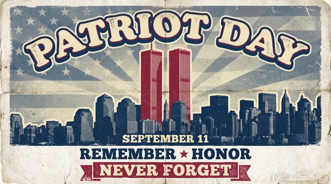 Patriot Day Commemorative Design Featuring Illustrative Silhouette of Urban Skyline and Symbolic Memorial Imagery for September Eleventh Remembrance