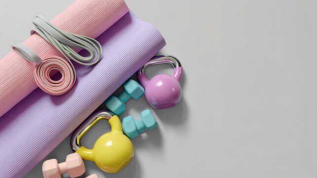 Colorful Fitness Equipment with Yoga Mats and Kettlebells for Home Gym and Workout Activities