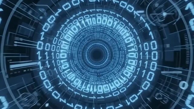 Digital tunnel with binary code streaming through cyber space in blue glowing light