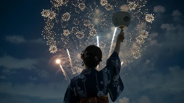 夜空に打ち上がる花火を見上げて団扇を手にする浴衣姿の女性