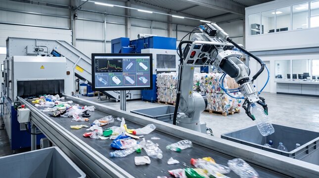 Automated plastic sorting machine in industrial recycling facility with robotic arm with plastic bottles conveyor belt large industrial sustainability environmental automation