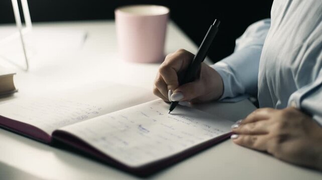 Close up of female hands writing in notebook from side angle