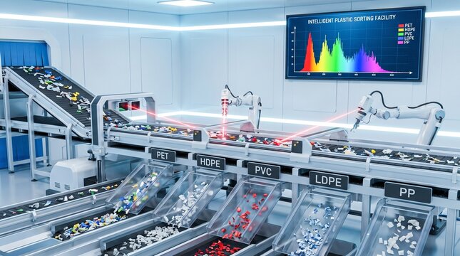 Automated plastic sorting facility with robotic arms with conveyor belts separating separating various types intelligent facility waste management sustainability manufacturing