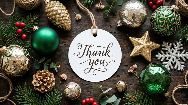 Festive flat lay with thank you message ornaments and winter holiday decorations
