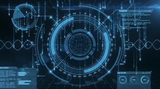Futuristic Digital Interface With Concentric Data Circles and Binary Code Streams for Advanced Technological Analysis and Cyber Security Visualization