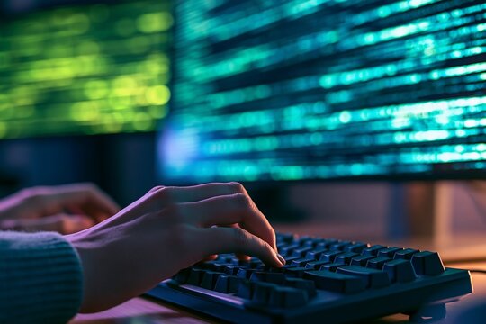 Close up of software developer hands typing on keyboard with glowing green computer screens and source code in the background