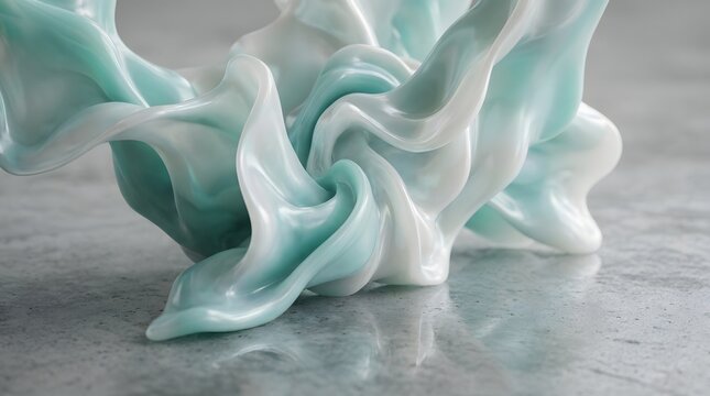 Abstract flowing sculpture with turquoise and white translucent material.