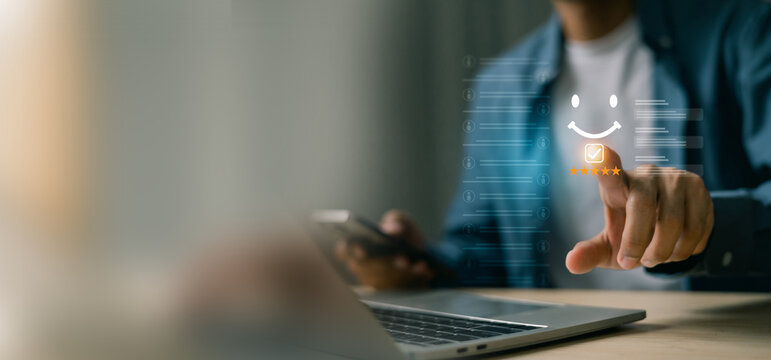 Client evaluating user experience and service quality with high satisfaction rating