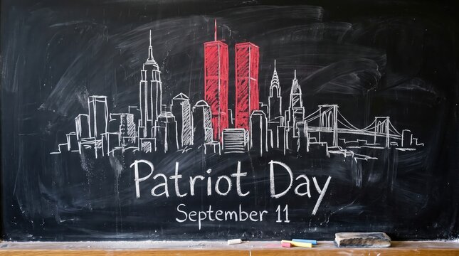 Commemorating Patriot Day September 11 with a reflective chalk art depiction of the New York City skyline featuring the iconic twin towers memorial