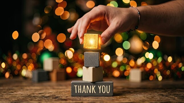 A hand places a glowing lantern on a stack of gifts with a blurred festive background