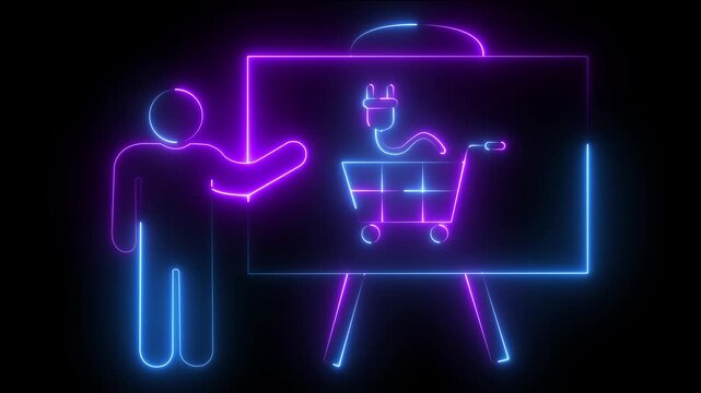Neon e-commerce presentation digital shopping cart with electric plug symbol for online retail and tech business concepts