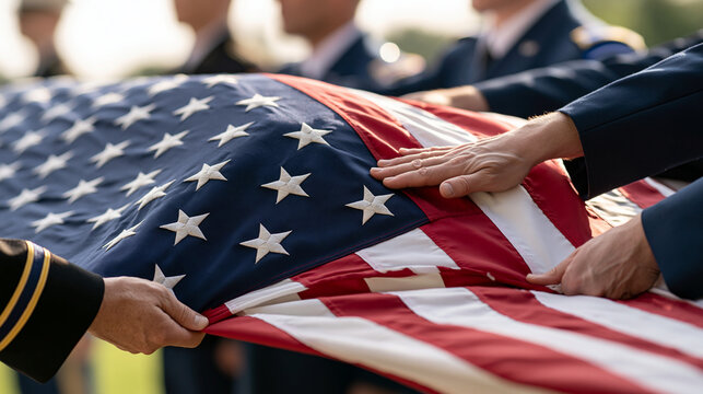 Uniformed military officers carefully fold an American flag during a formal memorial ceremony, bright even daylight, precise synchronized movement, flag folding, military honors, veterans
