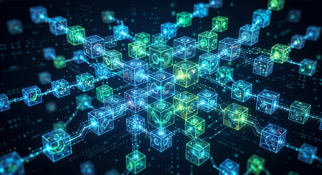 光るデジタルのブロックがチェーン状に繋がるブロックチェーンと分散型ネットワーク Web3や暗号資産、サイバーセキュリティとDXのコンセプトイメージ